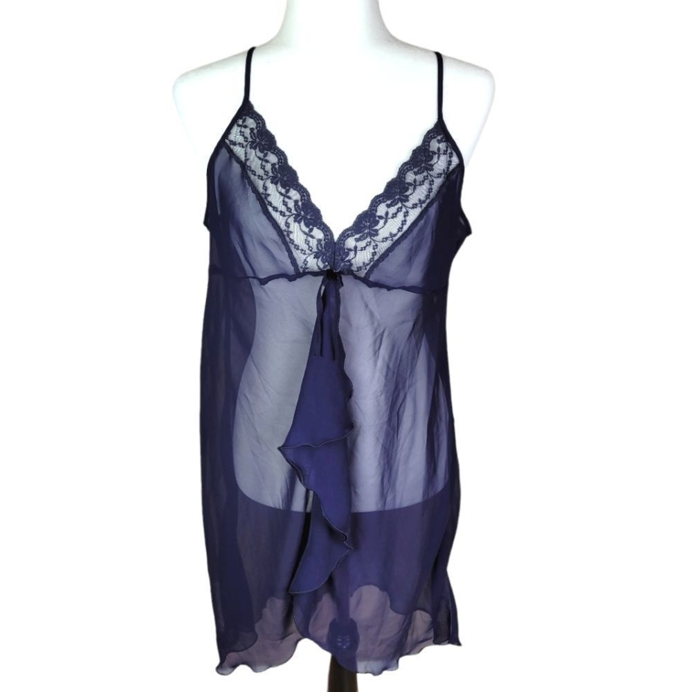LVER Sheer Adjustable Straps with Lace and Front Ruffle Nightgown XL